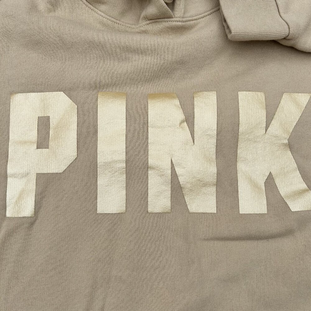 Victoria's Secret PINK Campus Logo Beige Hoodie Gold Logo Fleece Lined Size S - Picture 3 of 7